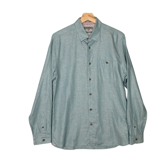 NWOT Ted Baker Men's 3 Linen/Cotton Blend Sea Foam Green Button Down Shirt - Picture 2 of 11